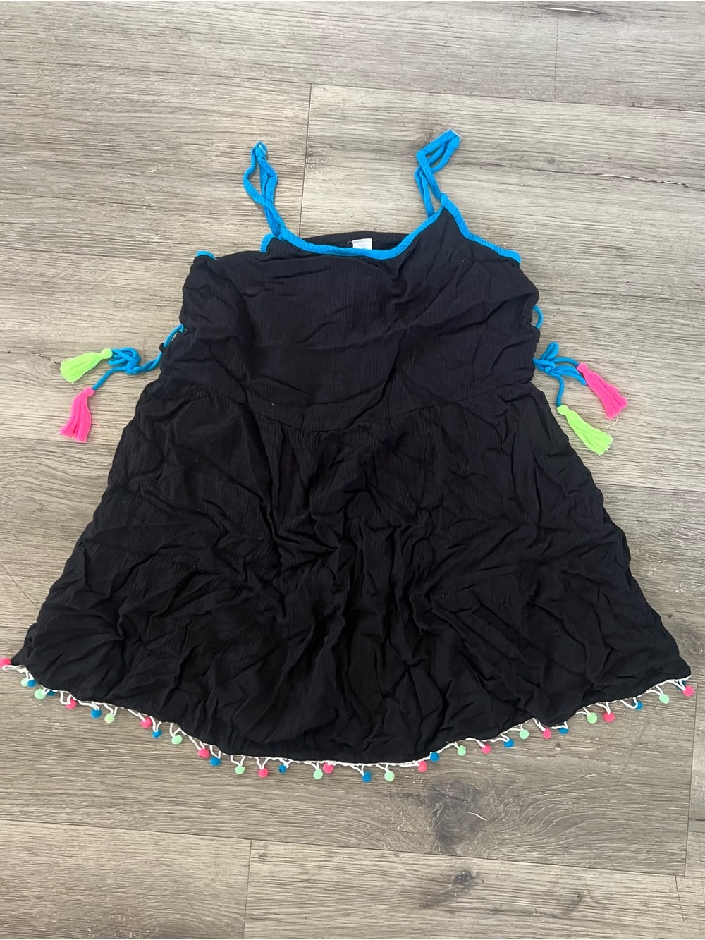 Girls Black Tank Dress with Blue Trim and Neon Tassels Size 10 from Justice